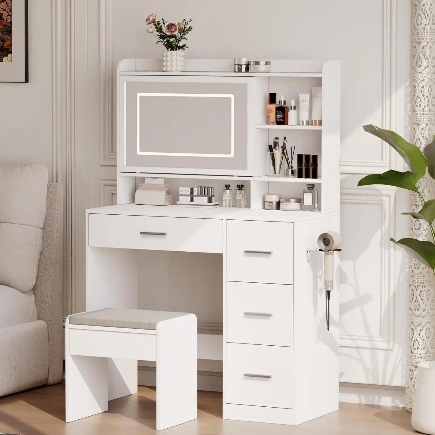 Vanity Desk With Mirror And Lights Chair And Three Lighting Modes Power Outlet