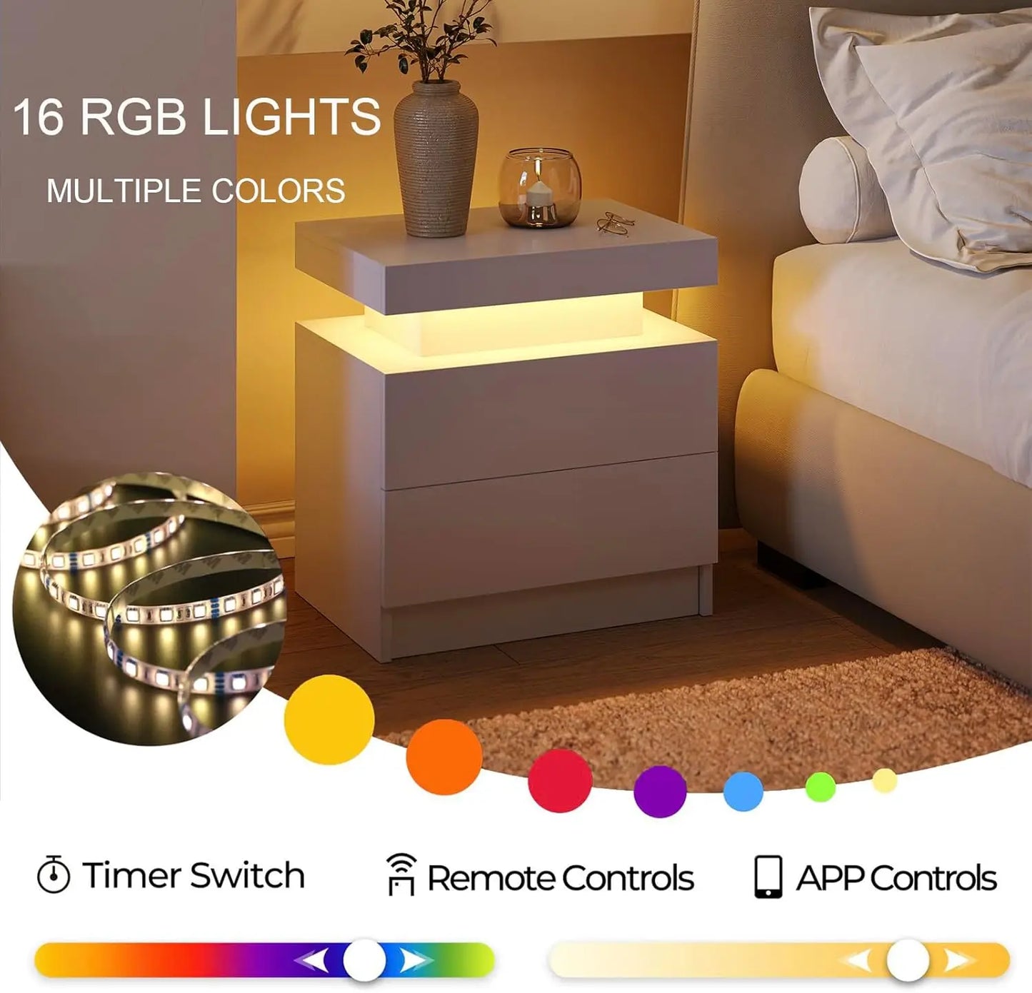 Modern White LED Nightstand With Two Wood Drawers Bedside Table