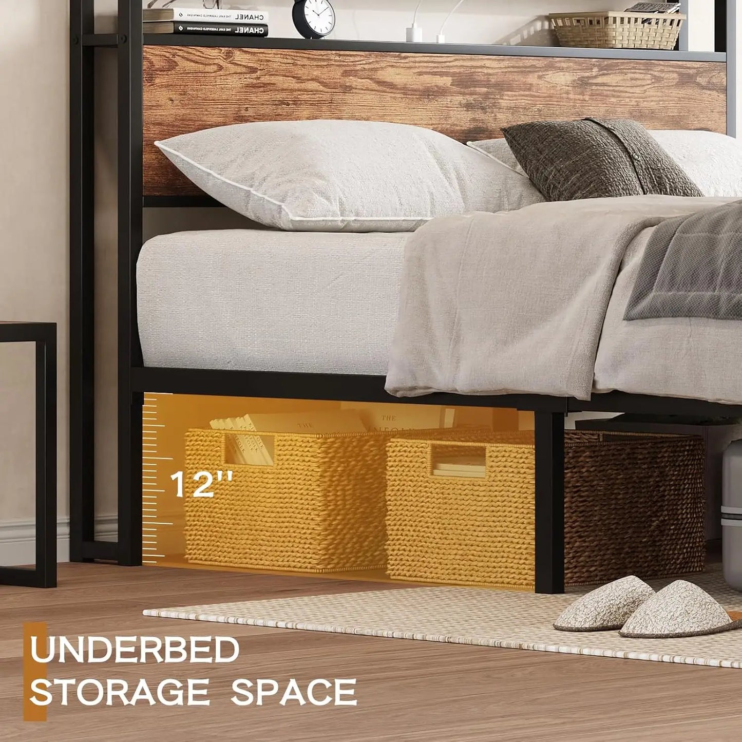 Bed Frame With USB Charging Station And Storage Headboard