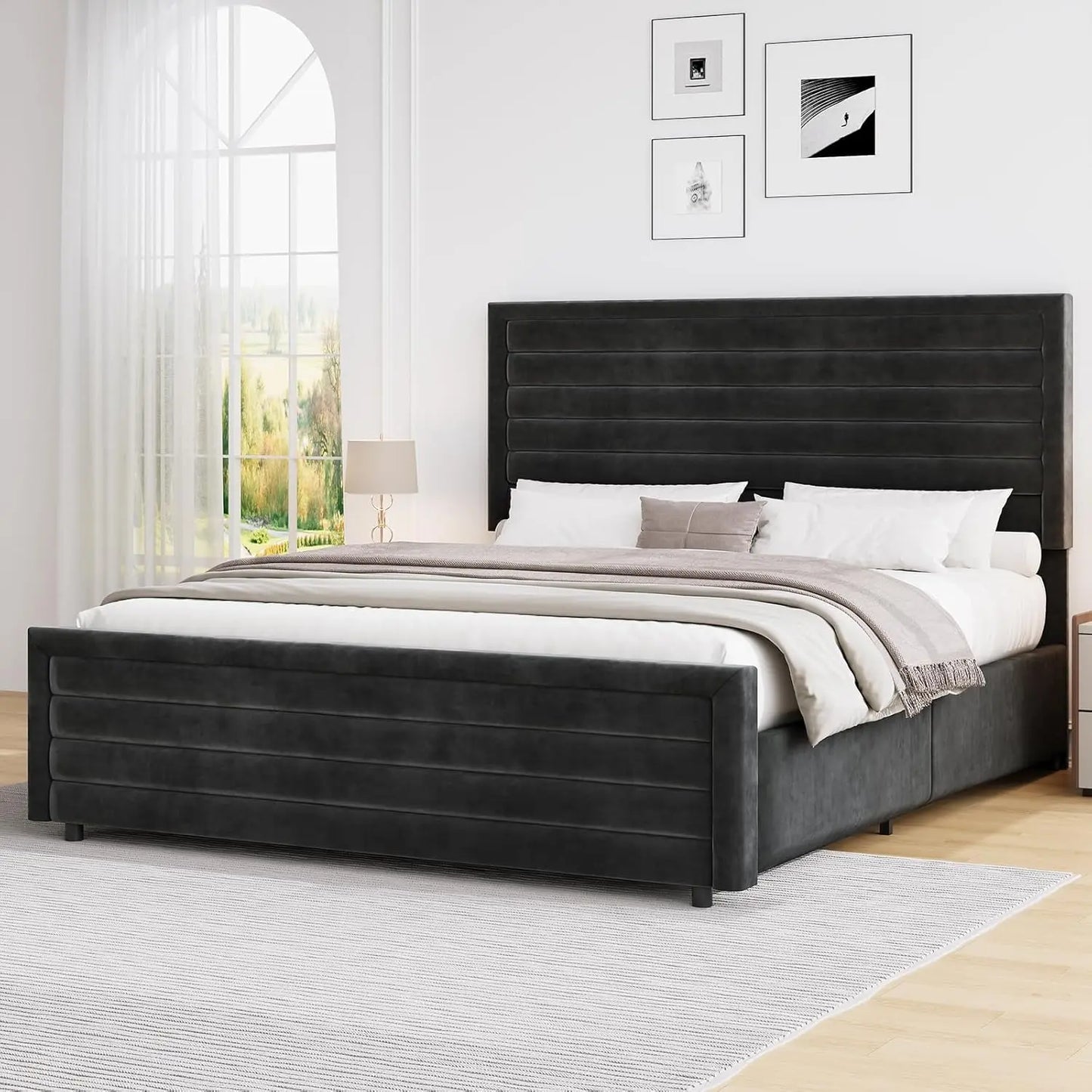 Upholstered Platform Bed Frame With Velvet Headboard And Footboard