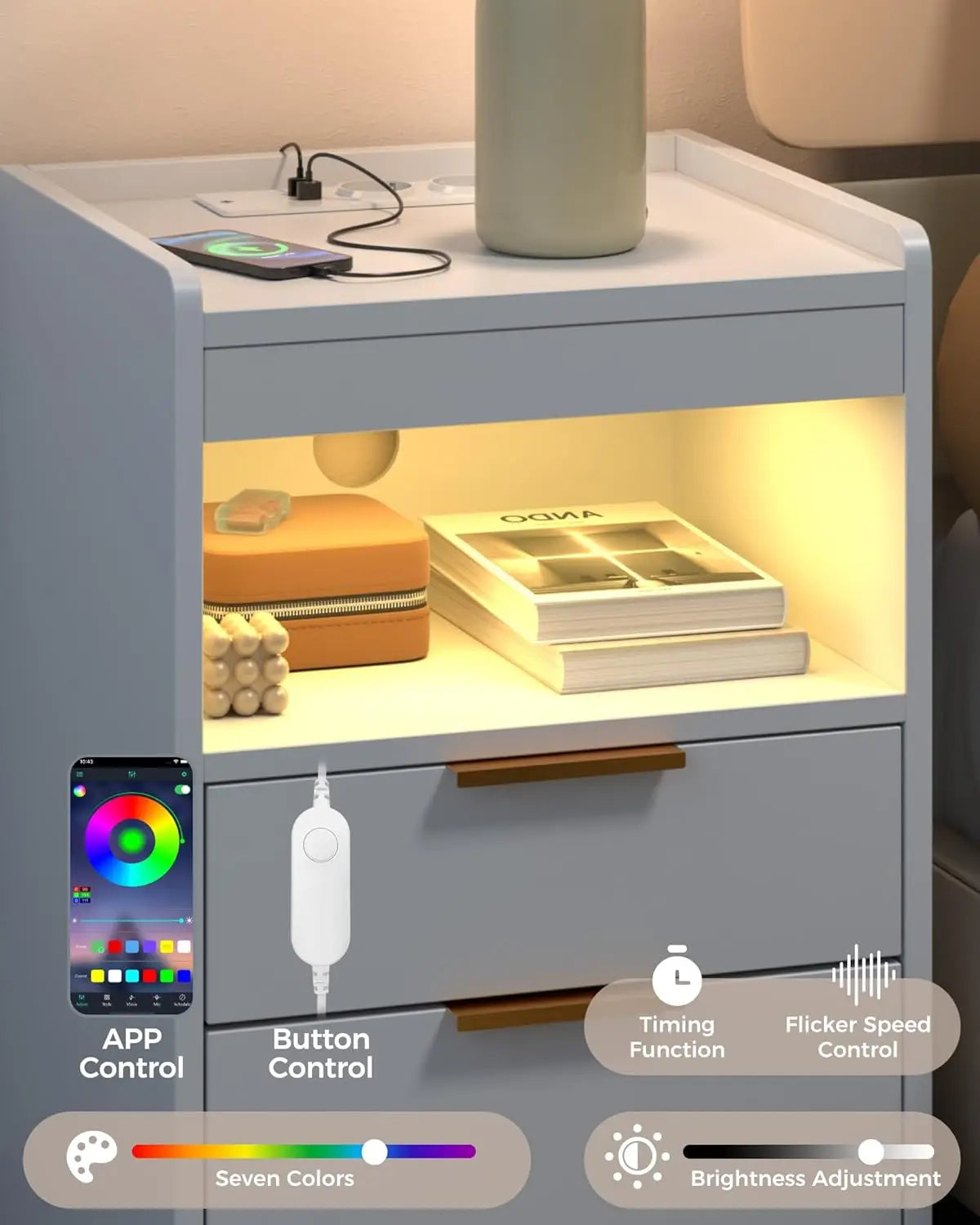 White LED Nightstand Hidden Compartment USB Type-C Charging 3 Drawers Bedroom Office 13.8x15.7x23.6 inch, Customized