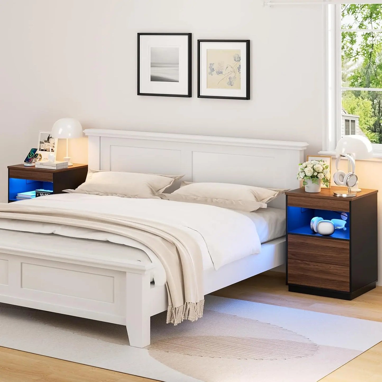 2Pc Nightstand Hidden Compartment USB Type-C Charging Locking Gun Drawer LED Modern Bedroom Office Brown Customized