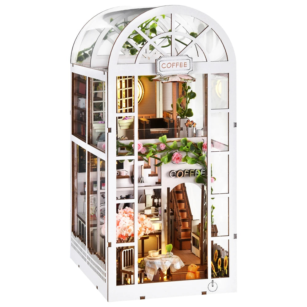 ASLOWSNAIL 3D Wooden Book Nook Kit Coffee Shop Dollhouse