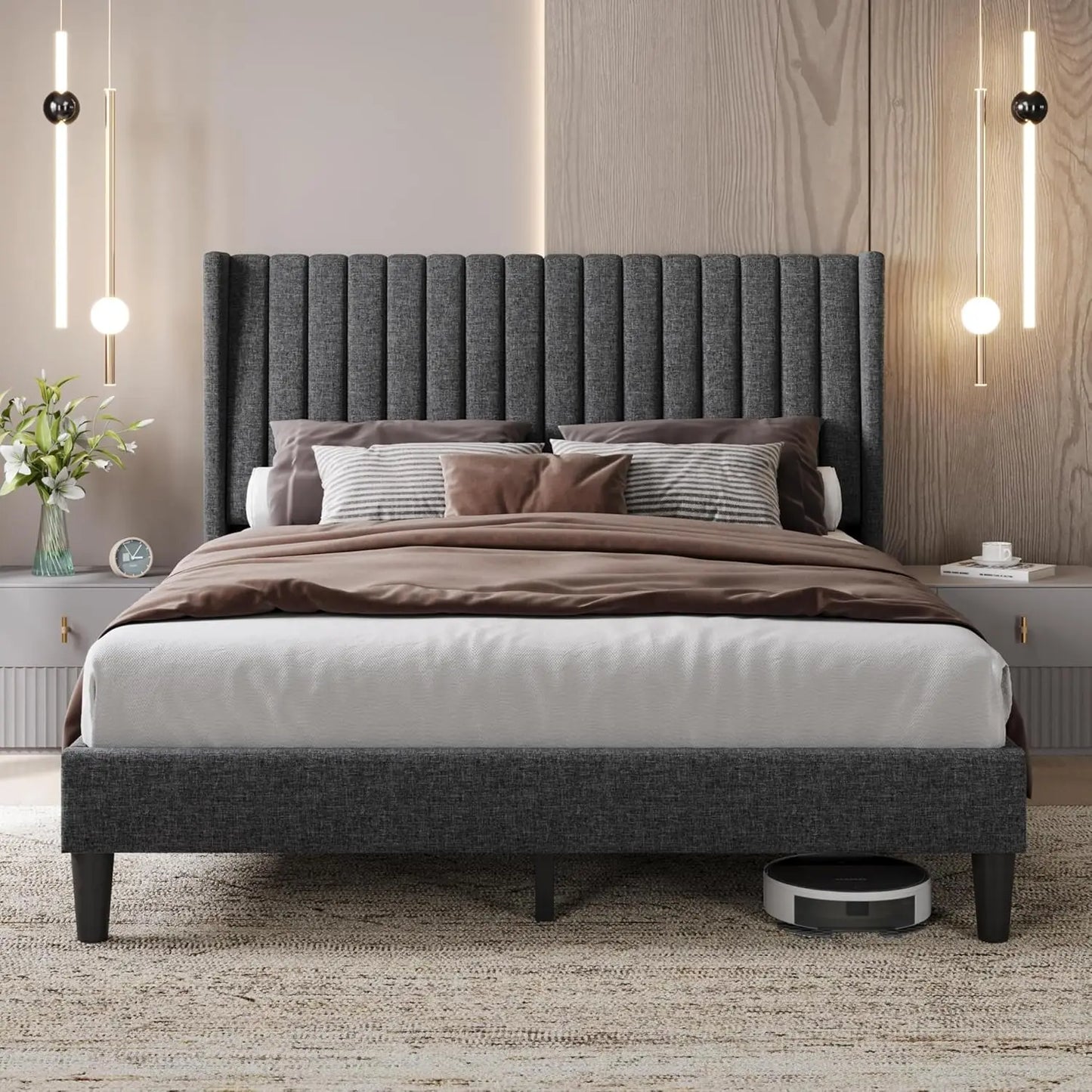 Upholstered Platform Bed Frame With Fabric Headboard Wood Non Slip