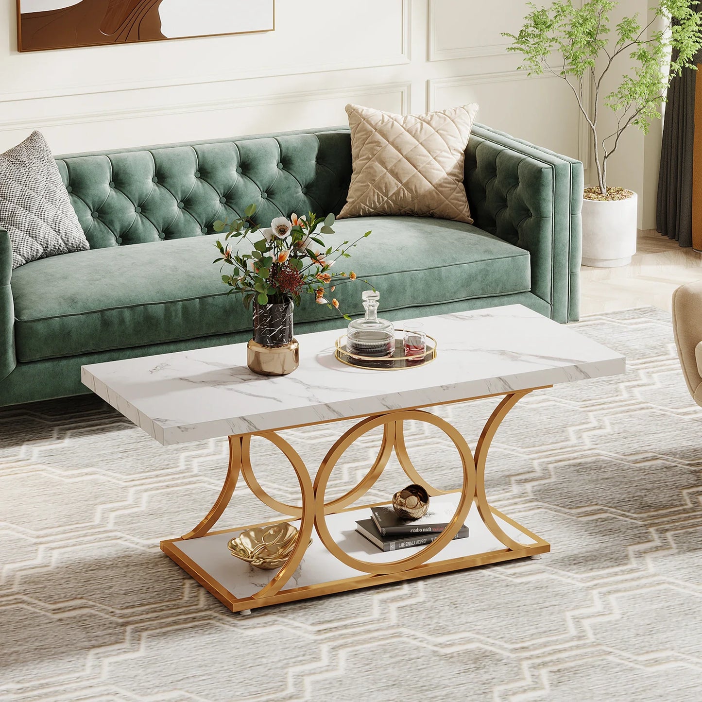 Tribesigns Rectangular Coffee Table Modern Two Tier Faux Marble Wood