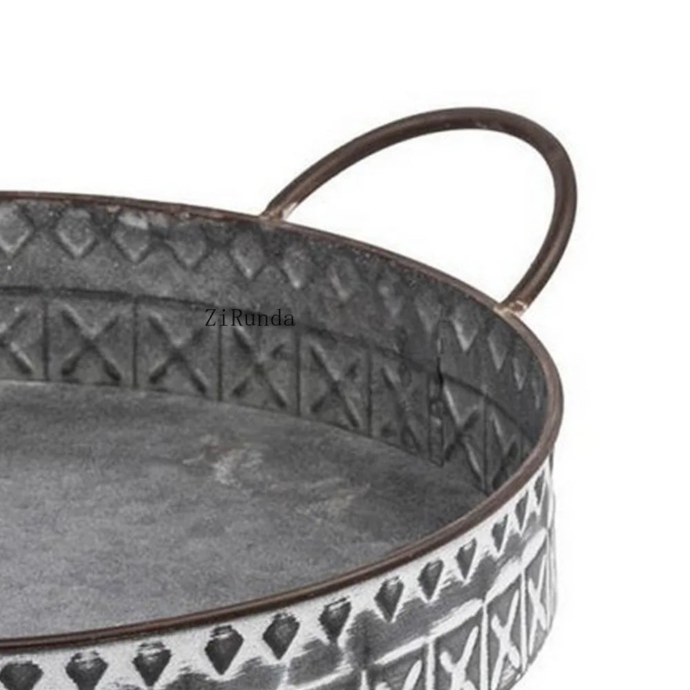 Round Iron Decorative Serving Trays With Handles Set Of 2