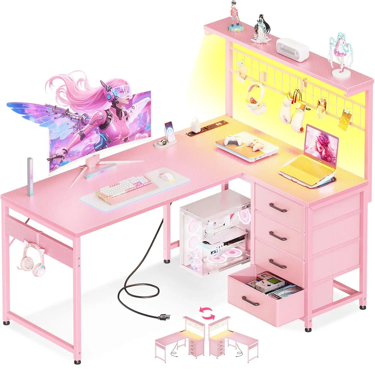 NONEDesk L Shaped Gaming Desk With Shelf Hutch 4 Drawers