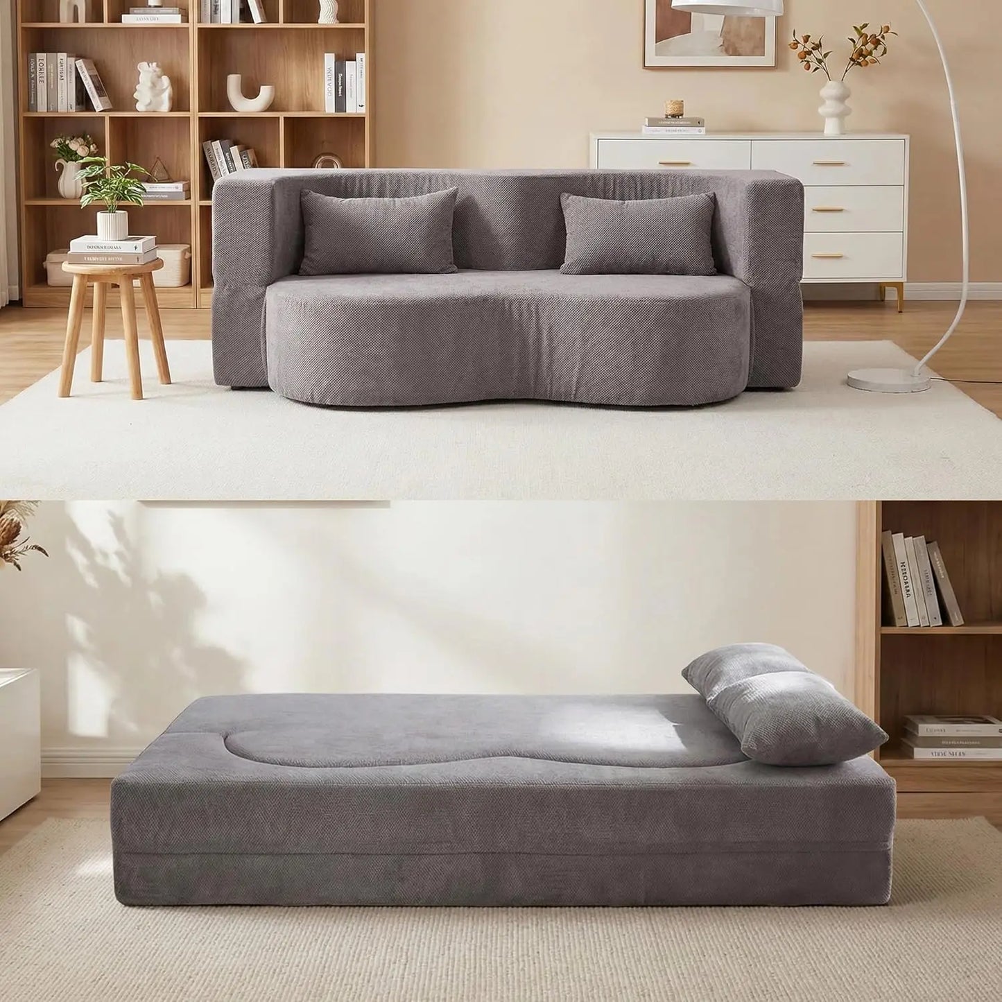 Convertible Sofa Bed 2-In-1 Teddy Fabric Loveseat
