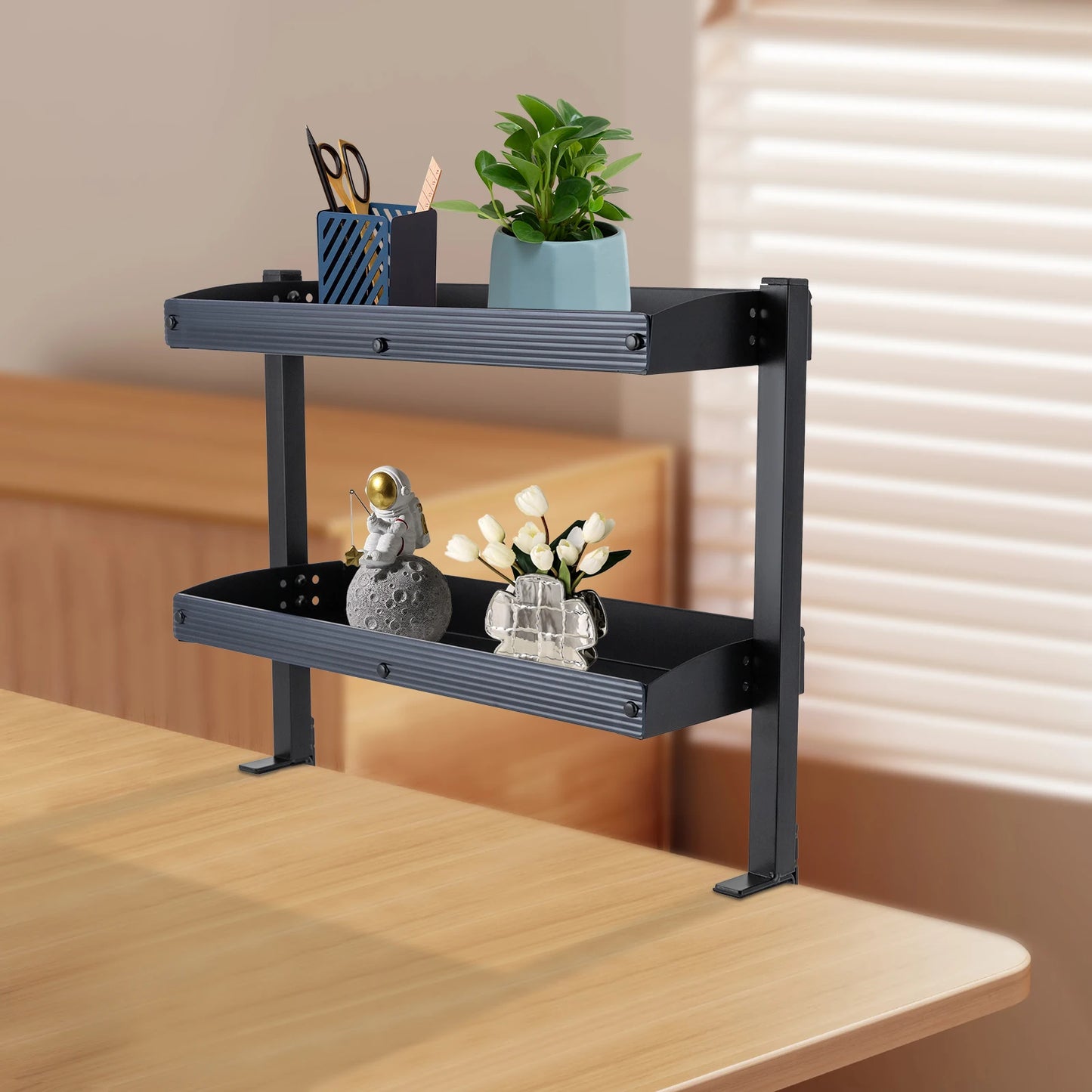 Clamp-On Desk Shelf 2-Tier Above Or Under Table Corner Organizer