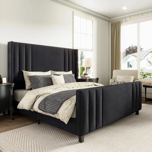 Velvet Upholstered Platform Bed Frame With Tufted Headboard