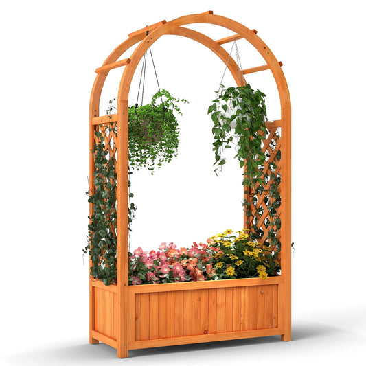 Wooden Raised Garden Bed With Lattice Trellis And Arched Roof