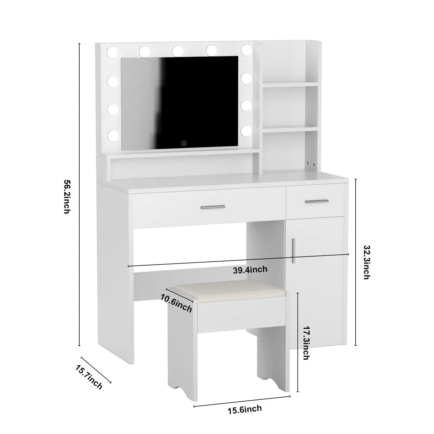 Modern Lighted Vanity Table With Mirror And 3 Drawers And Shelves