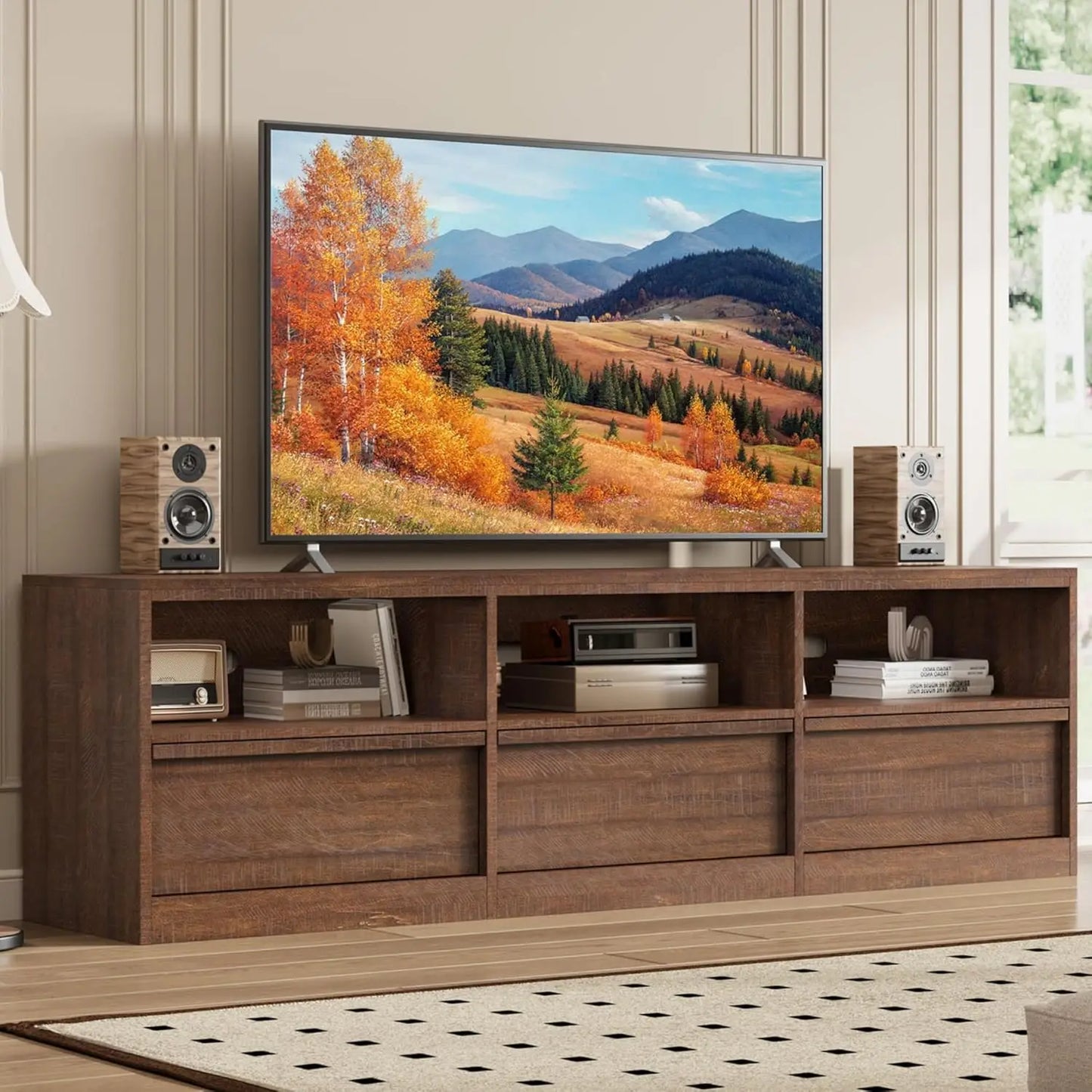 HiMISS Modern TV Stand With Storage 3 Drawers Open Shelves