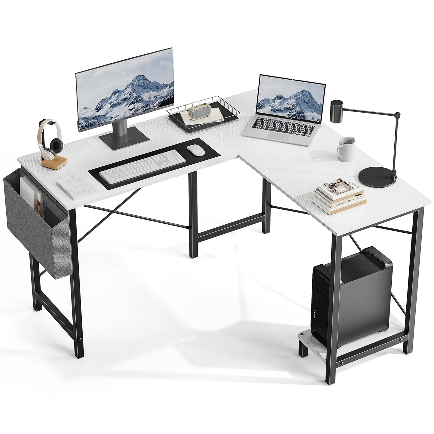 JHK Gaming Corner 50 Inch Office Writing PC Wooden Table with CPU Storage Shelf & Side Bag for Home Office Bedroom Small Space