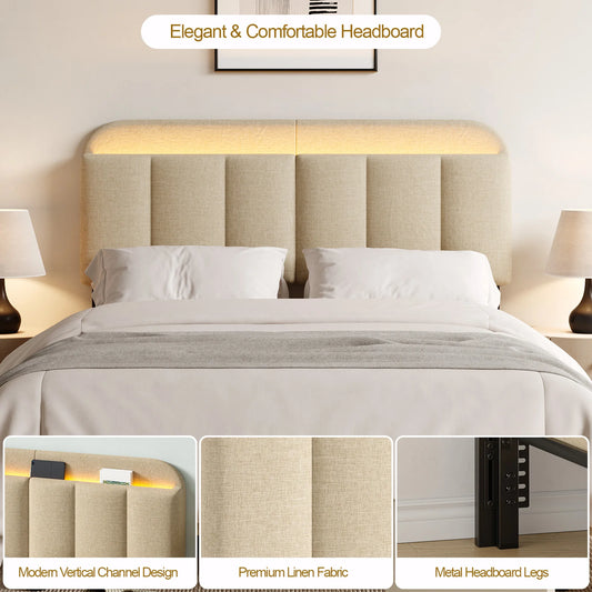 ONBRILL Adjustable Headboard With Linen Fabric Storage And RGB LED