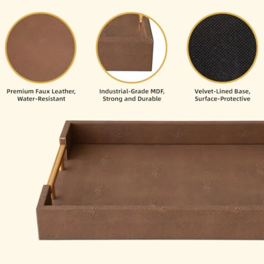Decorative Leather Tray Set With Gold Handle For Ottoman Table