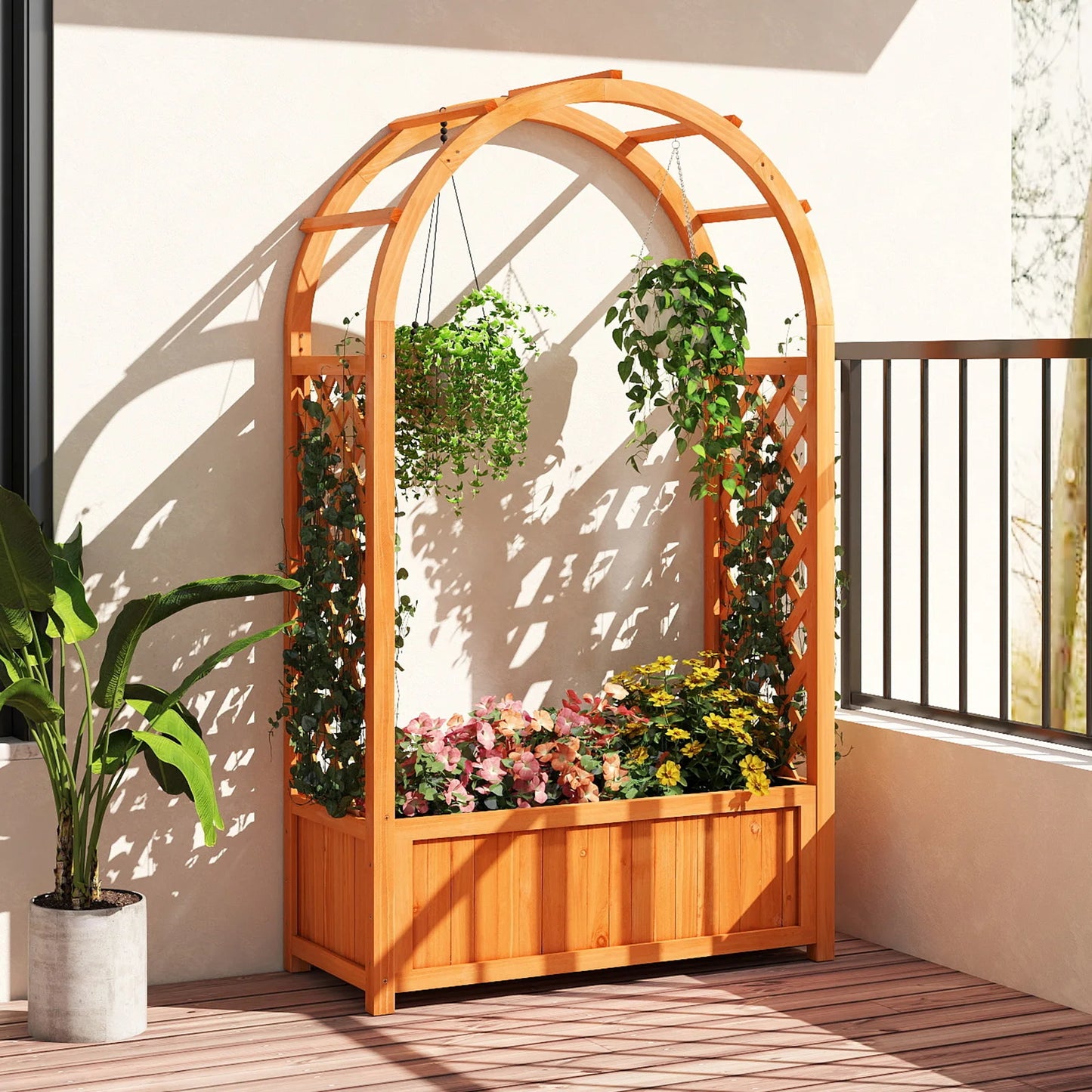 Wooden Raised Garden Bed With Lattice Trellis And Arched Roof
