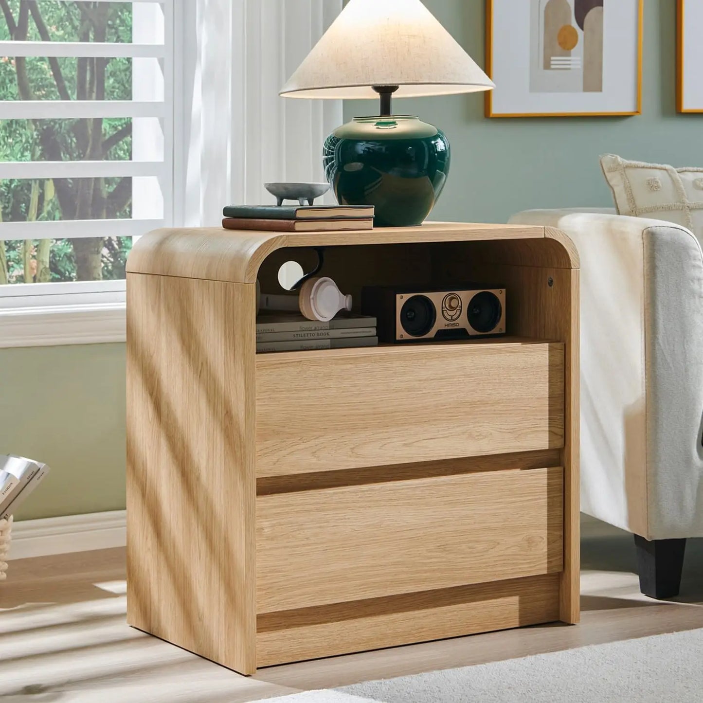 Modern Wood Nightstands With Charging Station And Two Drawers