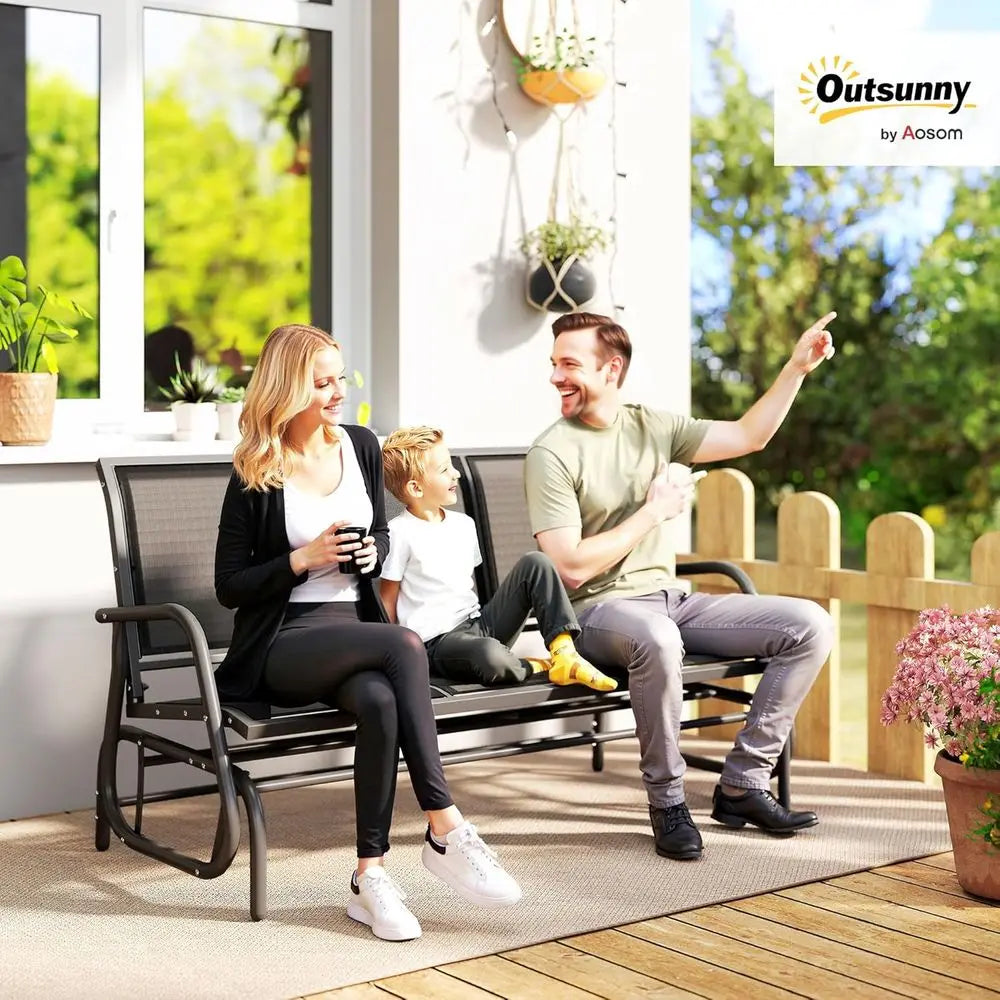 Outdoor Porch Glider Swing With Mesh Fabric And Metal Frame