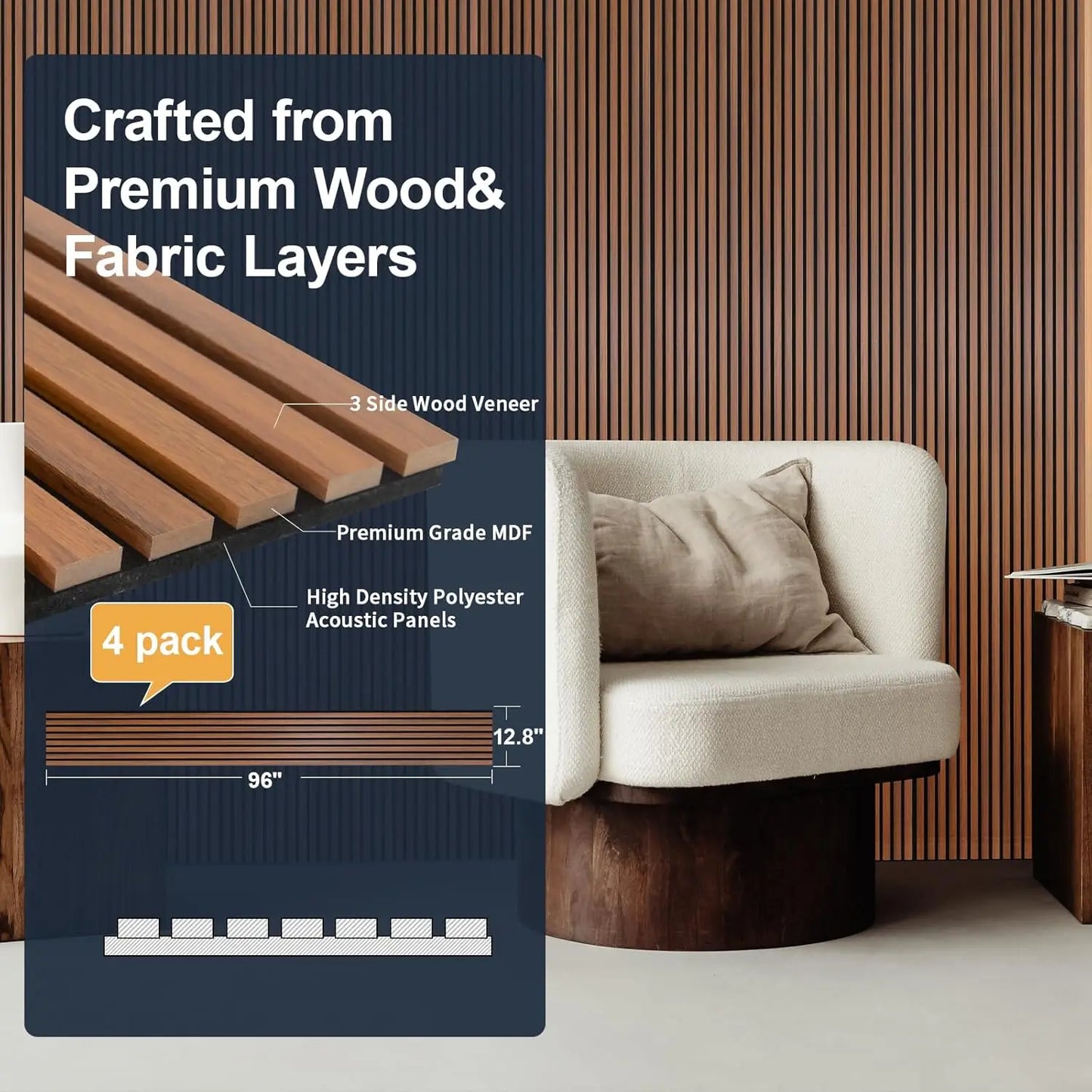 4 Piece Wood Slat Wall Panels Teak Acoustic Noise Cancelling