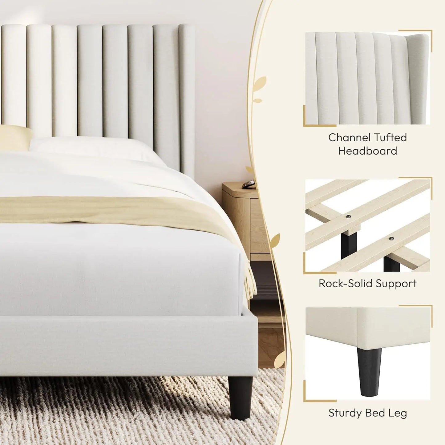 Upholstered Platform Bed Frame With Fabric Headboard Wood Non Slip