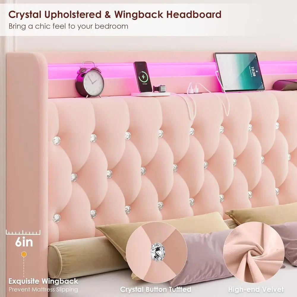 Wingback LED Bed With Charging Station And 4 Storage Drawers