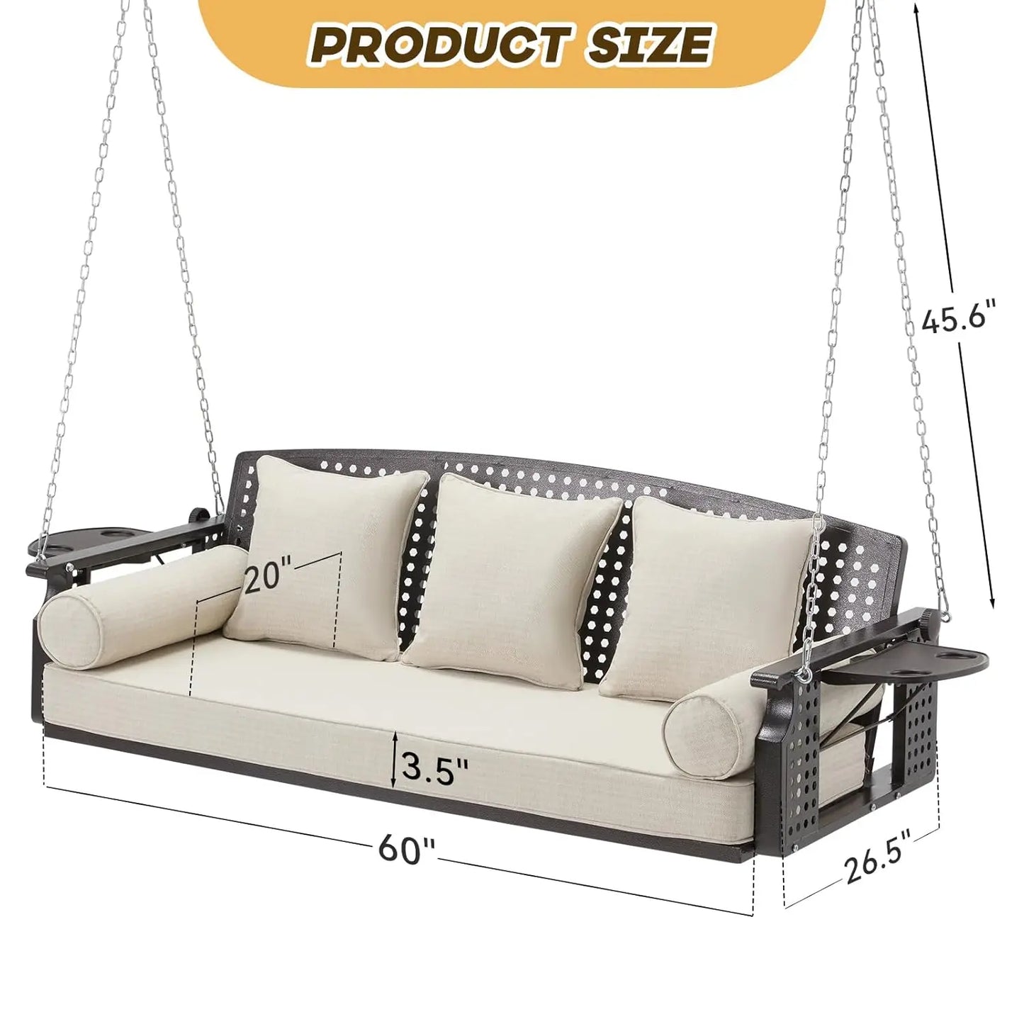 Three Seat Outdoor Porch Swing With Cup Holders And Cushions