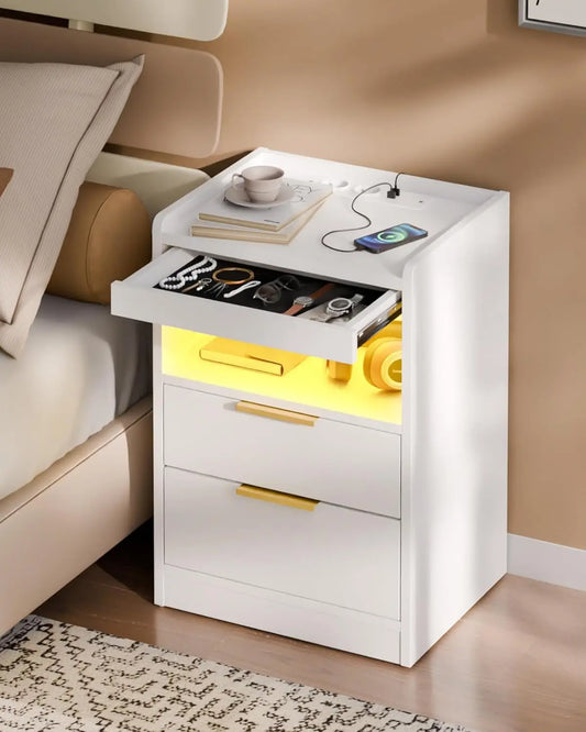 White LED Nightstand Hidden Compartment USB Type-C Charging 3 Drawers Bedroom Office 13.8x15.7x23.6 inch, Customized