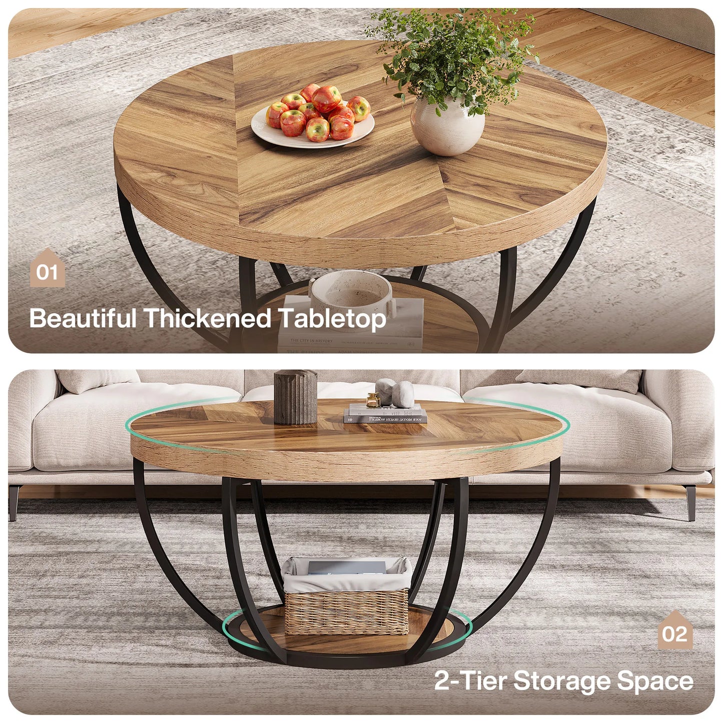 Tribesigns Industrial 2-Tier Coffee Table With Storage Shelves Wooden