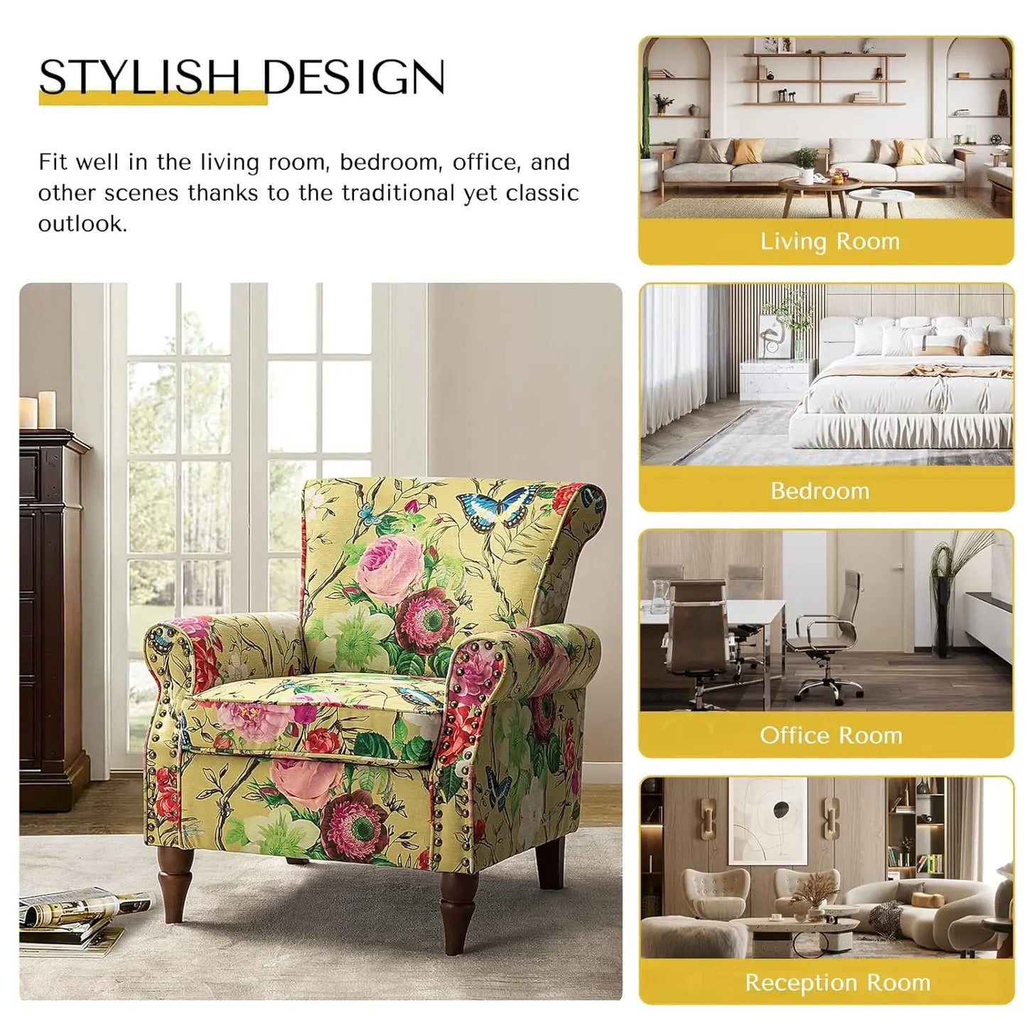 Wingback Accent Chair With Wood Legs And Nailhead Trim