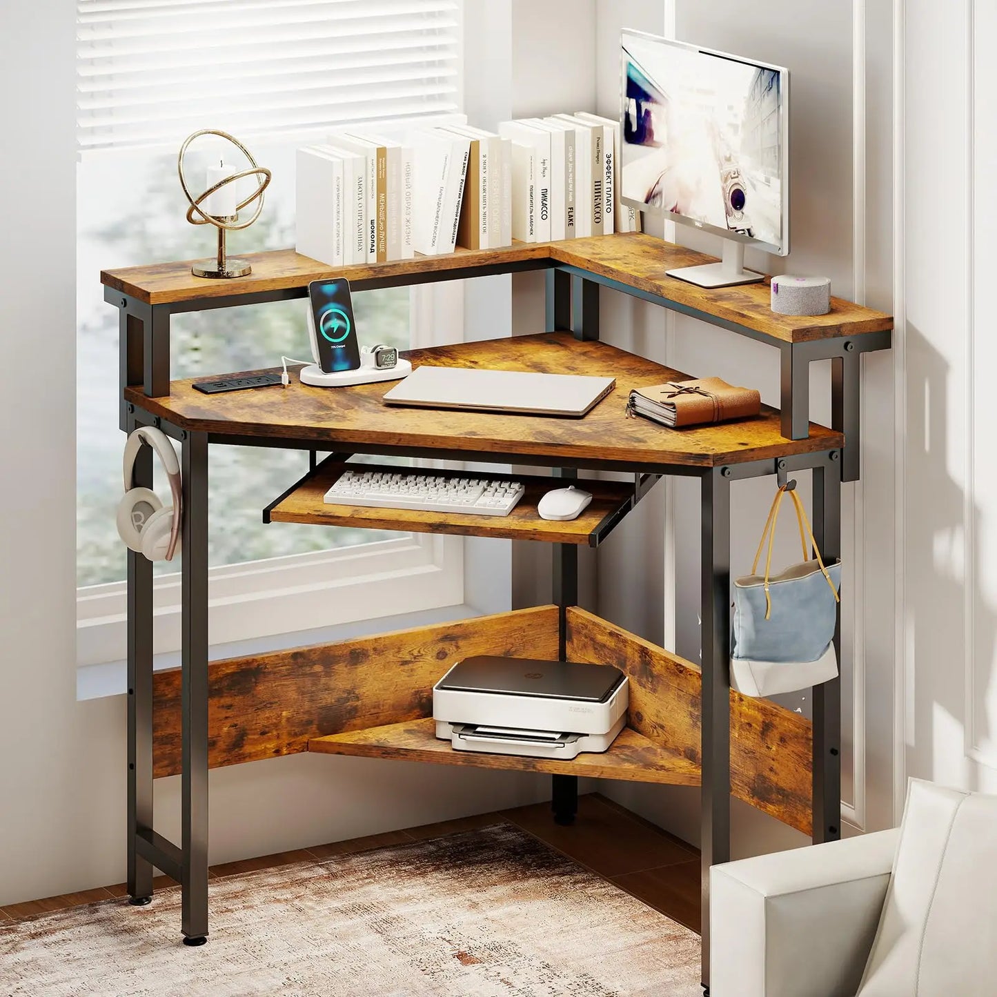 JHK Corner Desk With LED Lights Power Outlets Storage Shelves