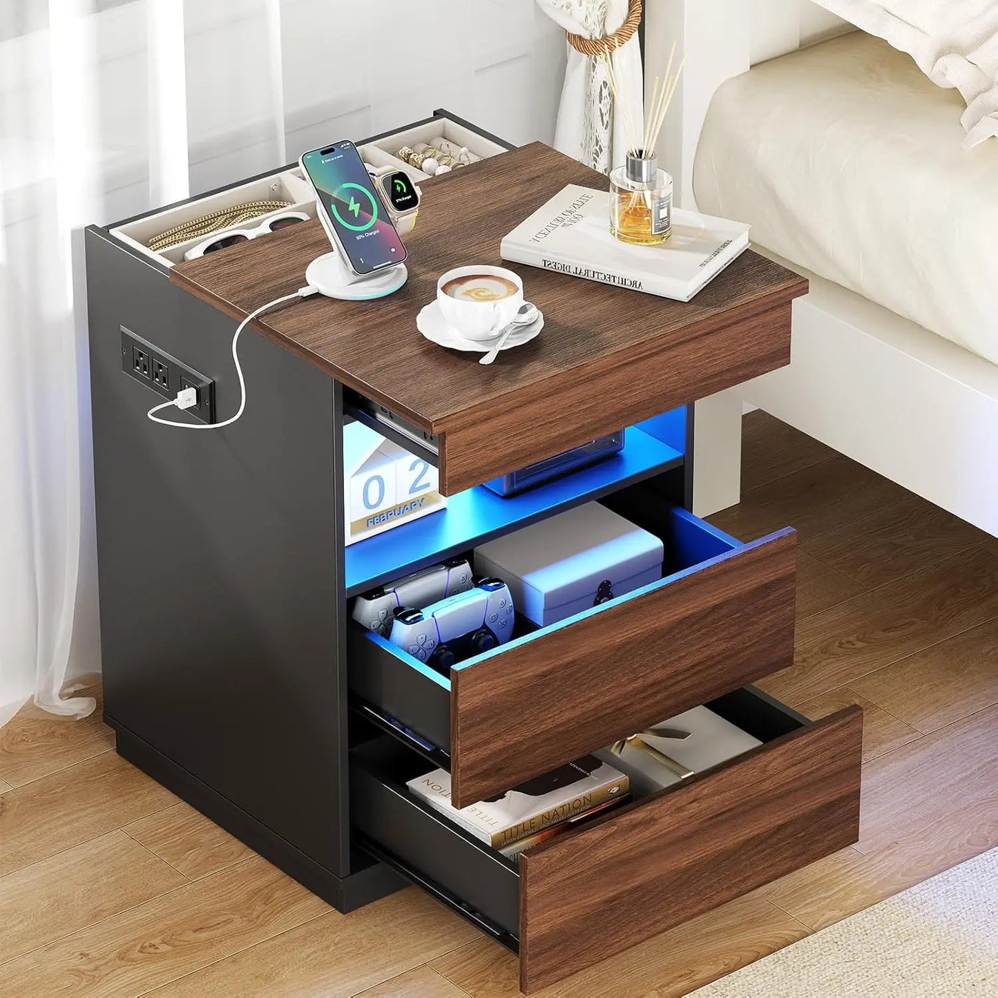 2Pc Nightstand Hidden Compartment USB Type-C Charging Locking Gun Drawer LED Modern Bedroom Office Brown Customized