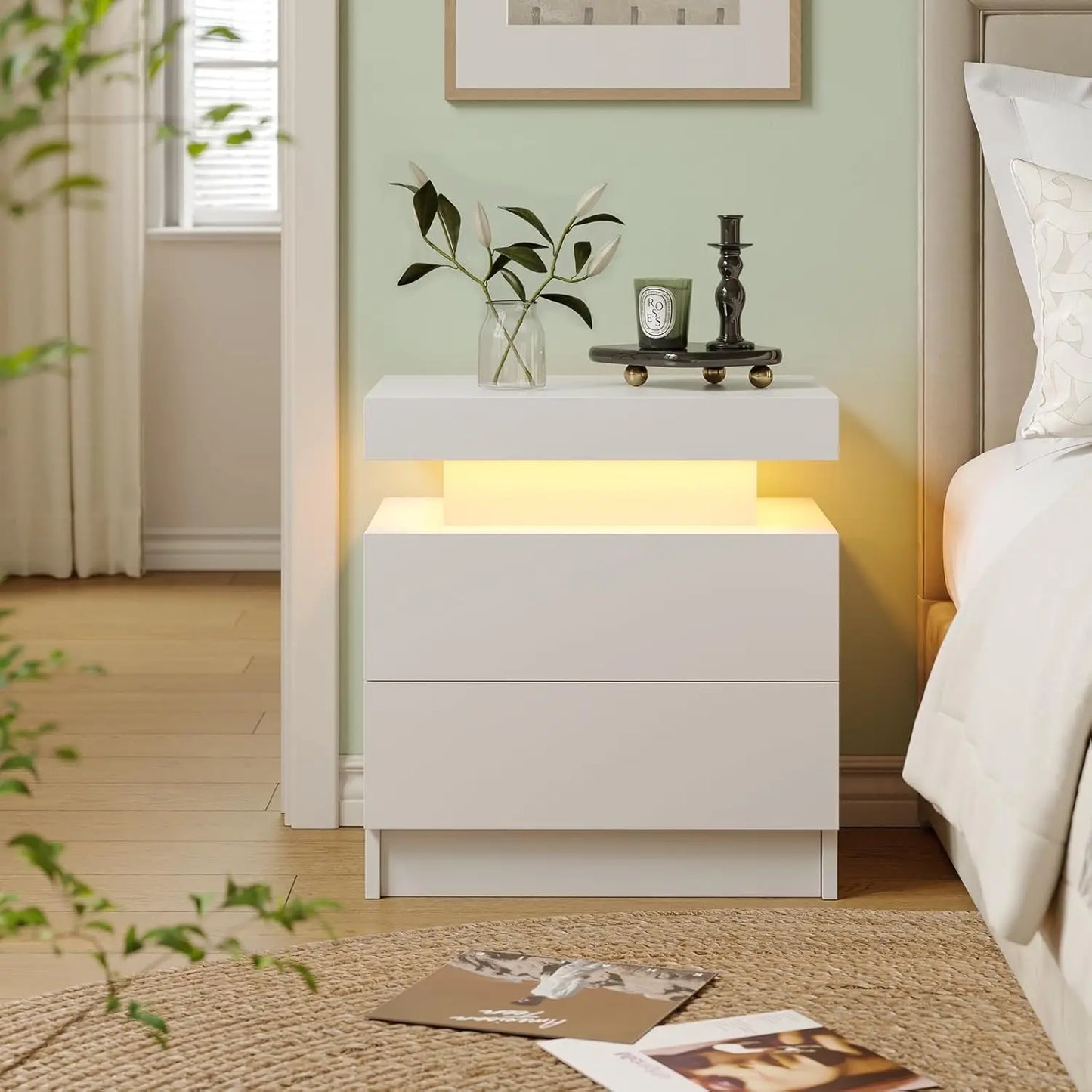 Modern White LED Nightstand With Two Wood Drawers Bedside Table