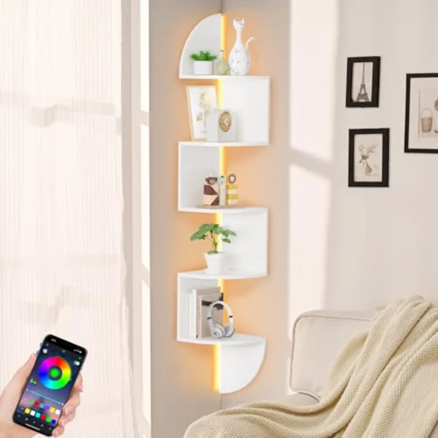 Corner Wall Shelf With LED Light 5 Tier Floating Shelves