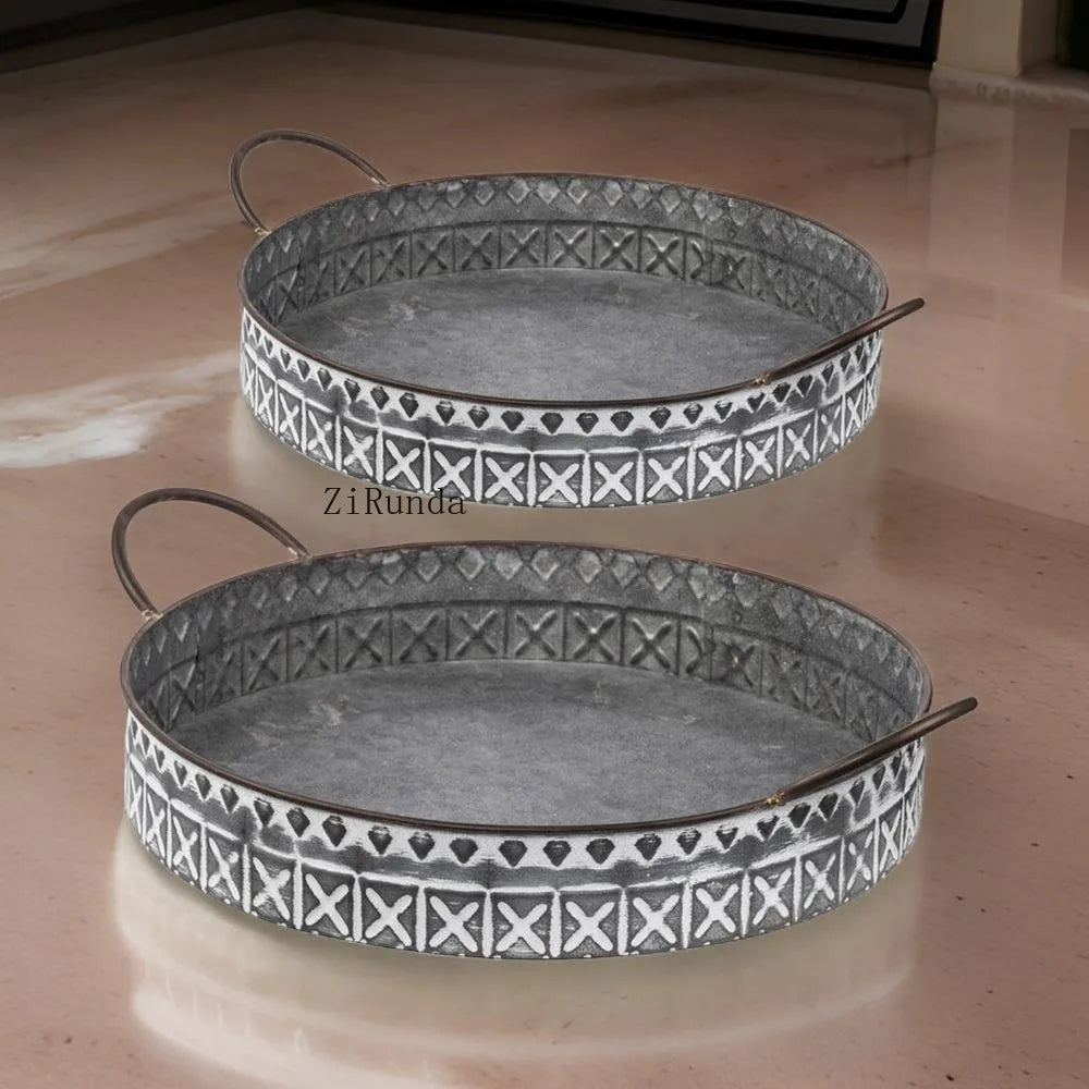 Round Iron Decorative Serving Trays With Handles Set Of 2