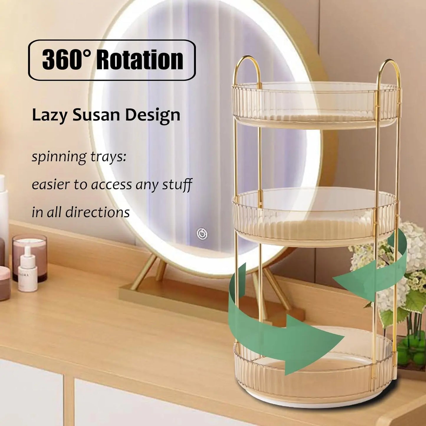 Rotating Makeup Organizer Three Tier Vanity Storage Clear Cosmetic Organizer
