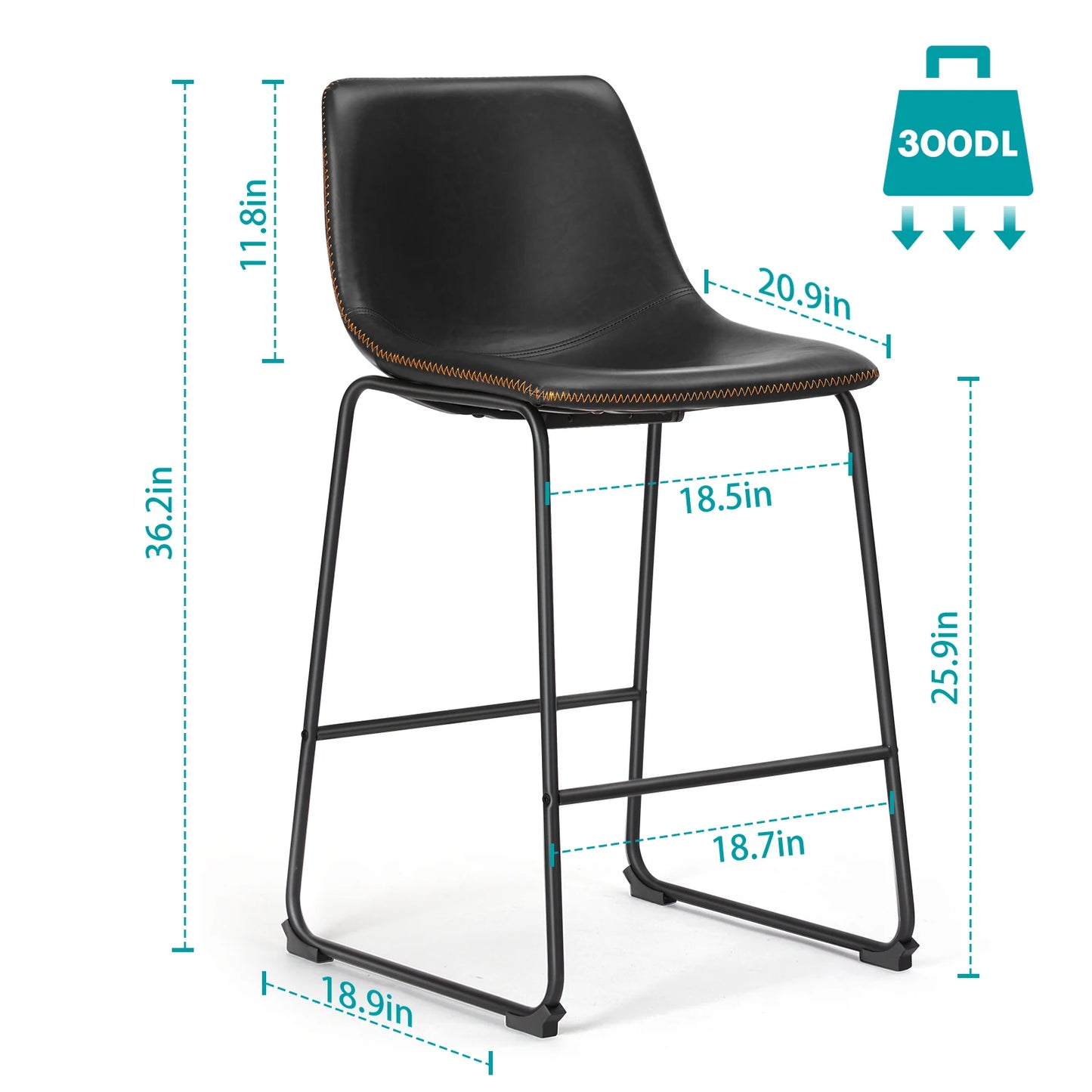 JHK Modern Faux Leather Counter Height Bar Stools Set of 2 High Barstools with Back and Metal Leg Bar Chairs for Kitchen Island