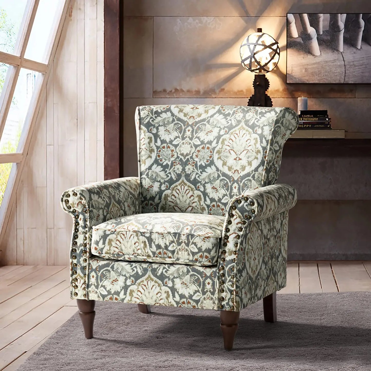 Wingback Accent Chair With Wood Legs And Nailhead Trim