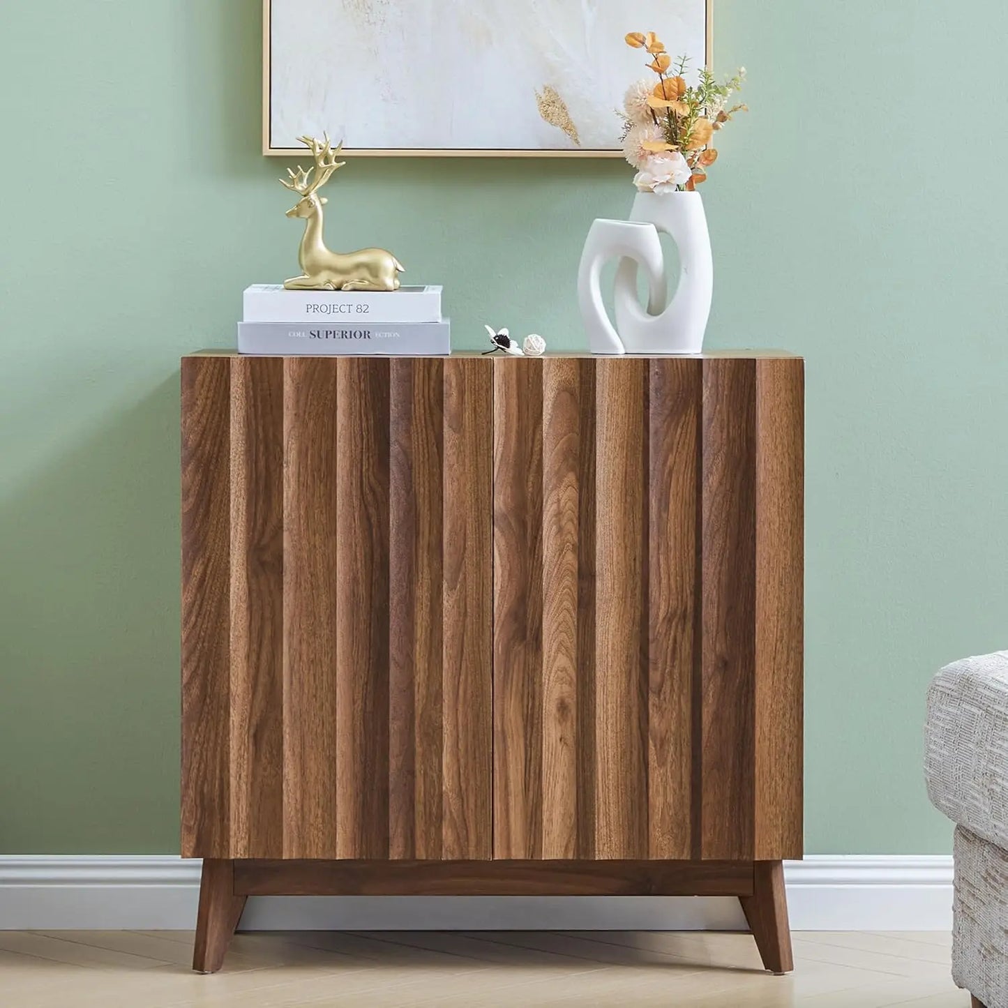 Fluted Mid Century Sideboard Buffet Cabinet With Adjustable Shelves