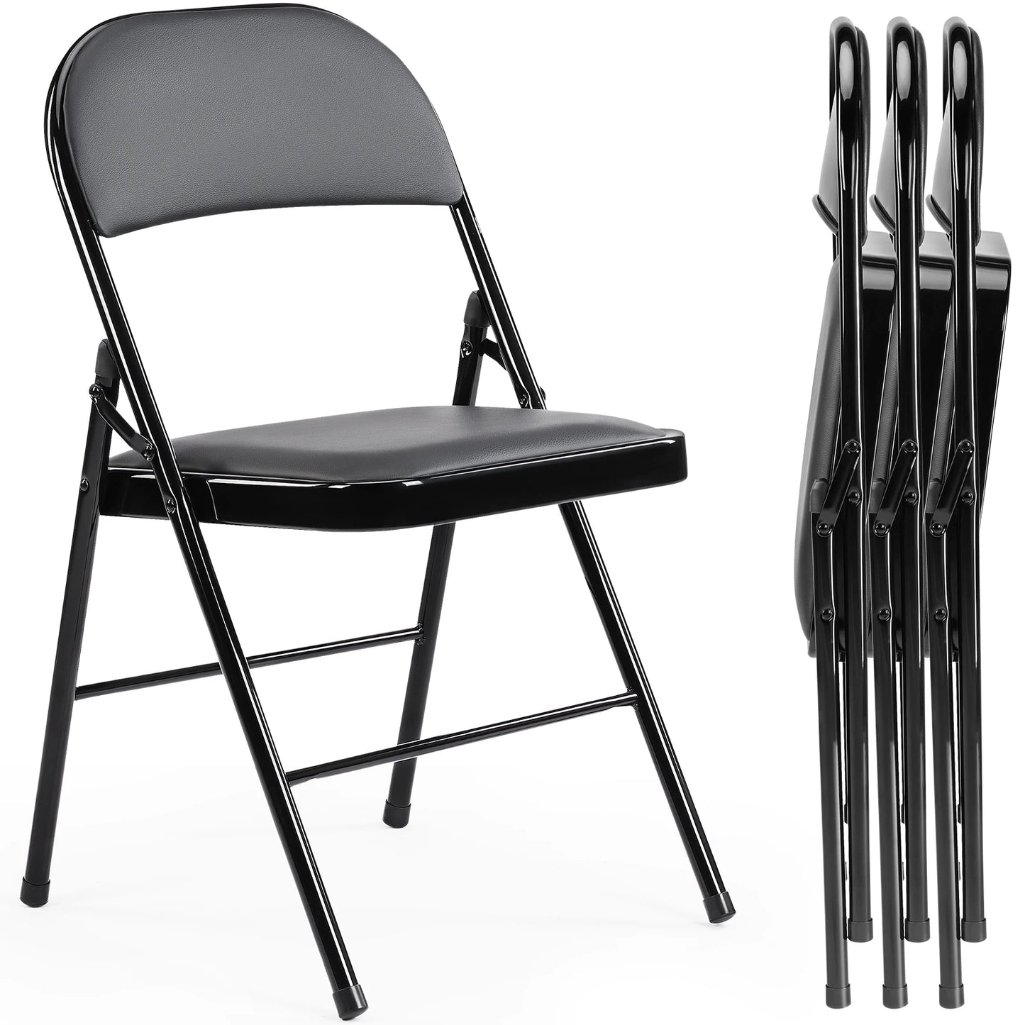 JHK Leather Padded Folding Chairs 4 Pack Metal Living Room