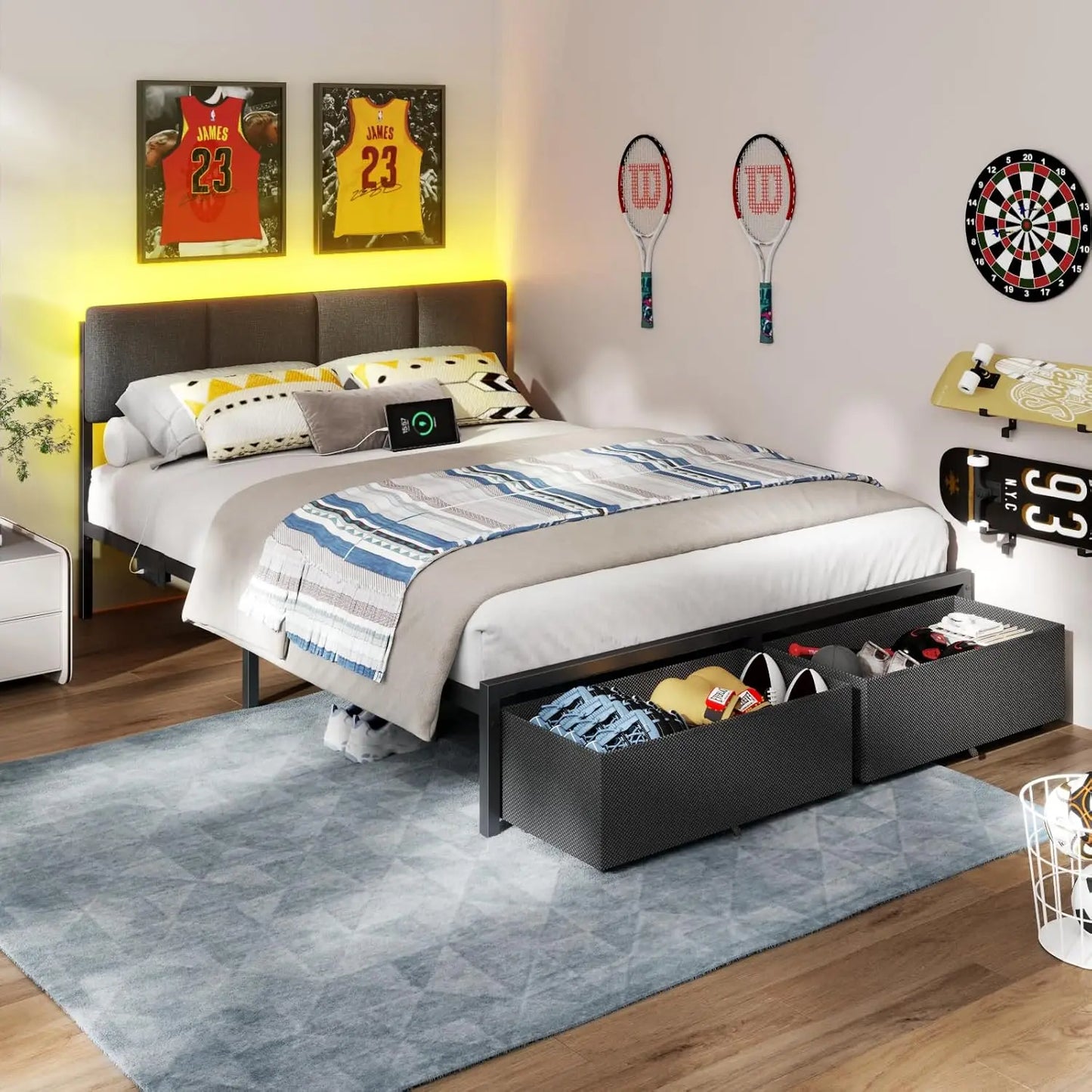 Queen Bed Frame With Adjustable Headboard And USB Storage Drawers