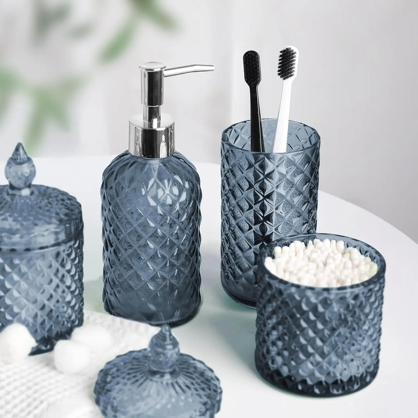 Pattern Bathroom Accessory Set Soap Dispenser Toothbrush Holder Q Tip Jar