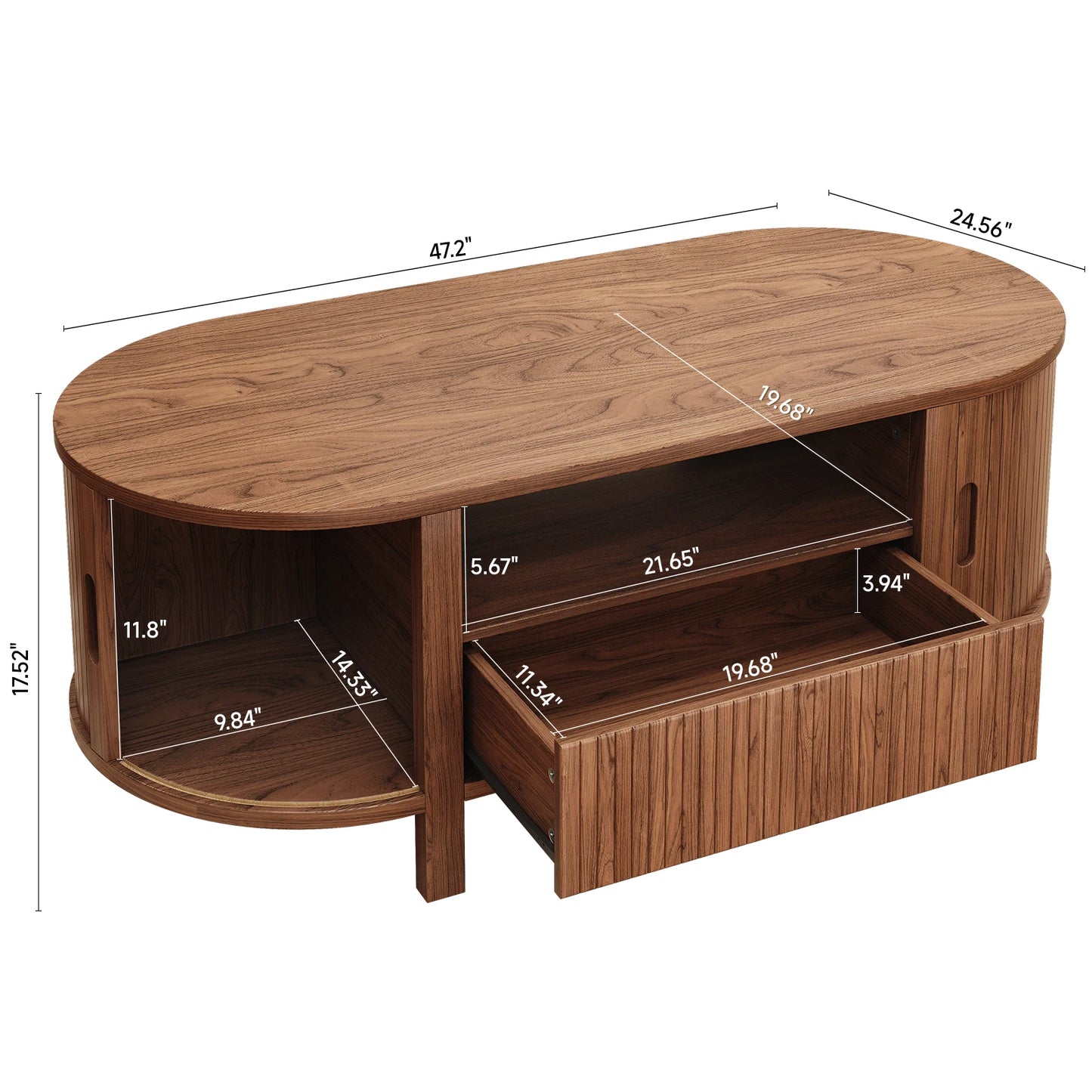 Oval Coffee Table With Storage And Sliding Cabinet Doors