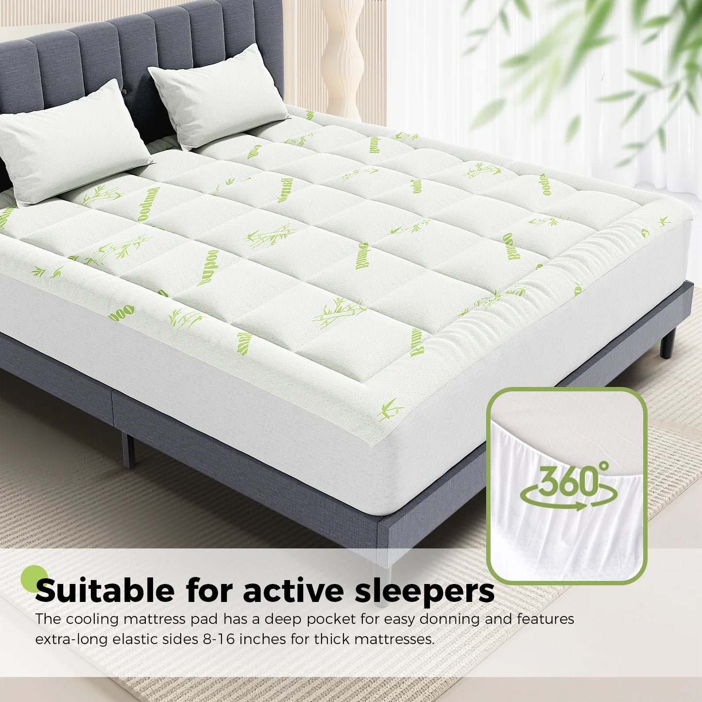 JHK Bamboo Fiber Mattress Topper With Deep Pockets Back Pain