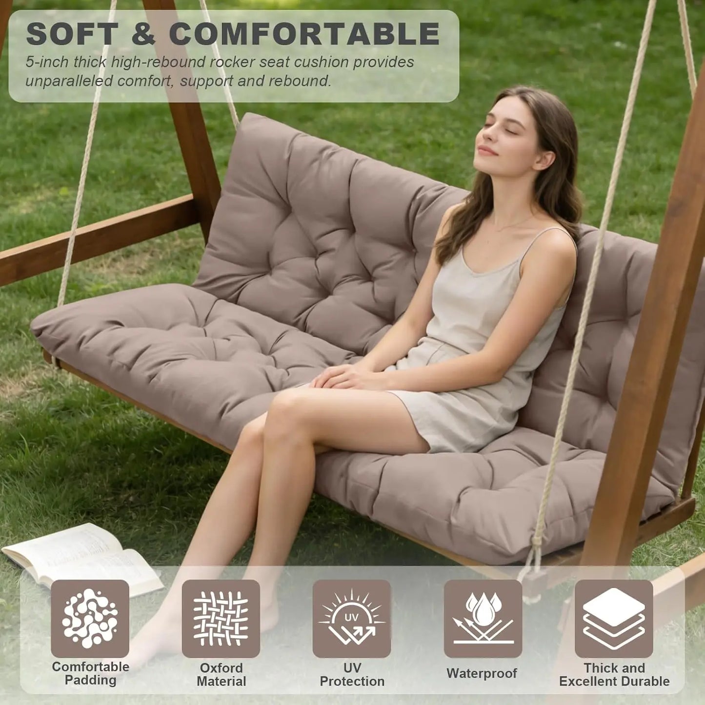 Waterproof Outdoor Swing Cushions With Backrest And Ties For Three
