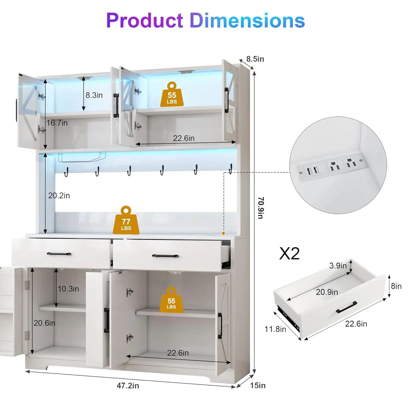 MOYU Kitchen Hutch With LED Lights And Power Outlet Cabinet