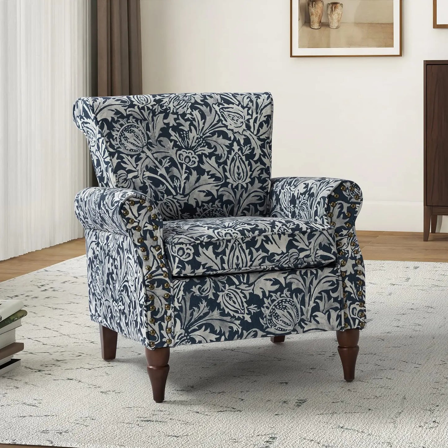 Wingback Accent Chair With Wood Legs And Nailhead Trim