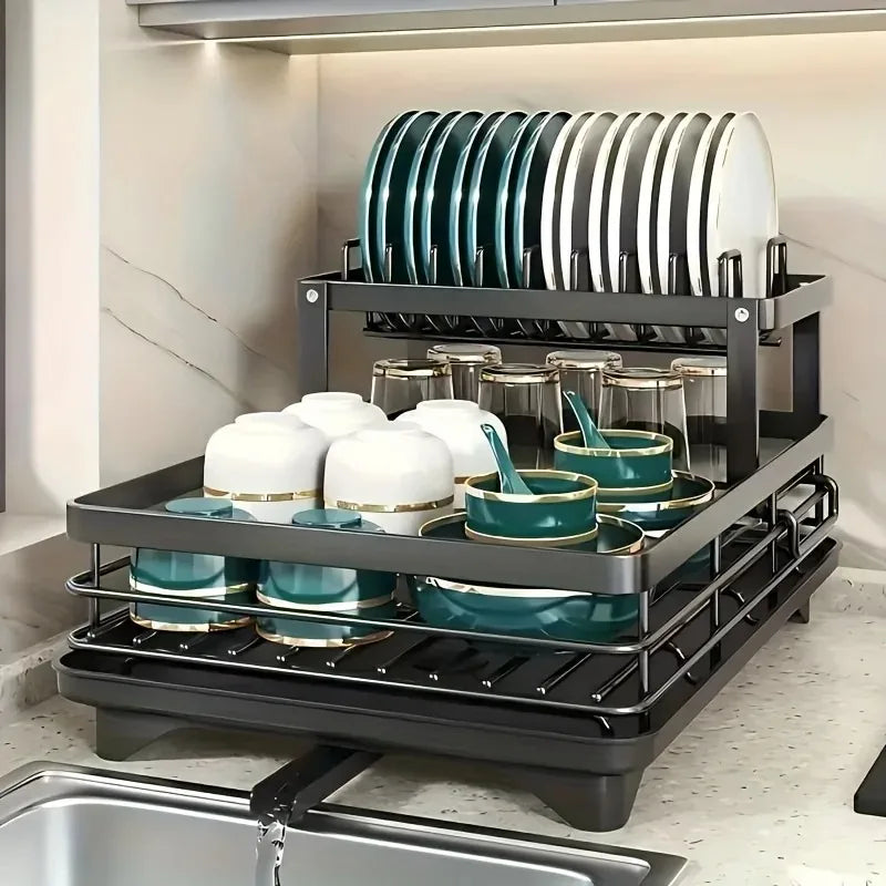 AEHOME Double Tier Extendable Dish Drainer Stainless Steel Kitchen Organizer