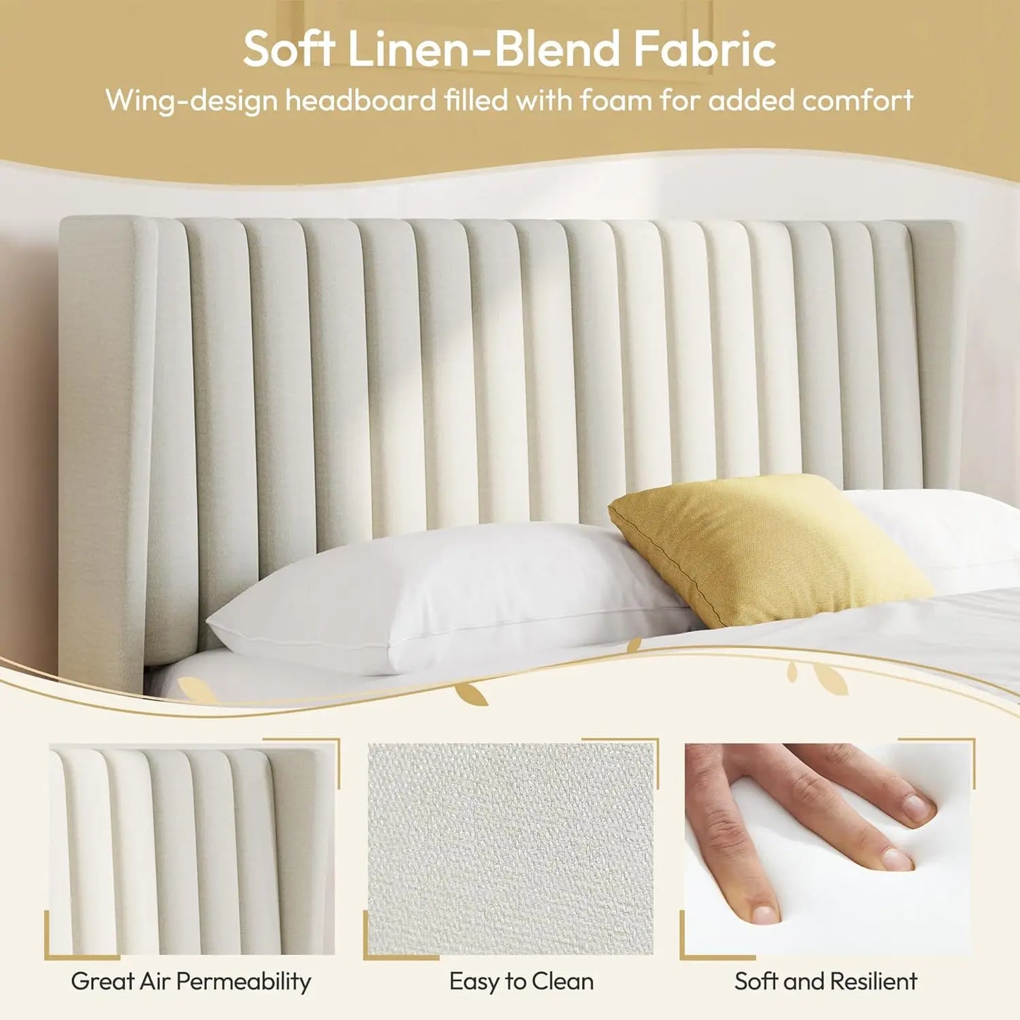 Upholstered Platform Bed Frame With Fabric Headboard Wood Non Slip
