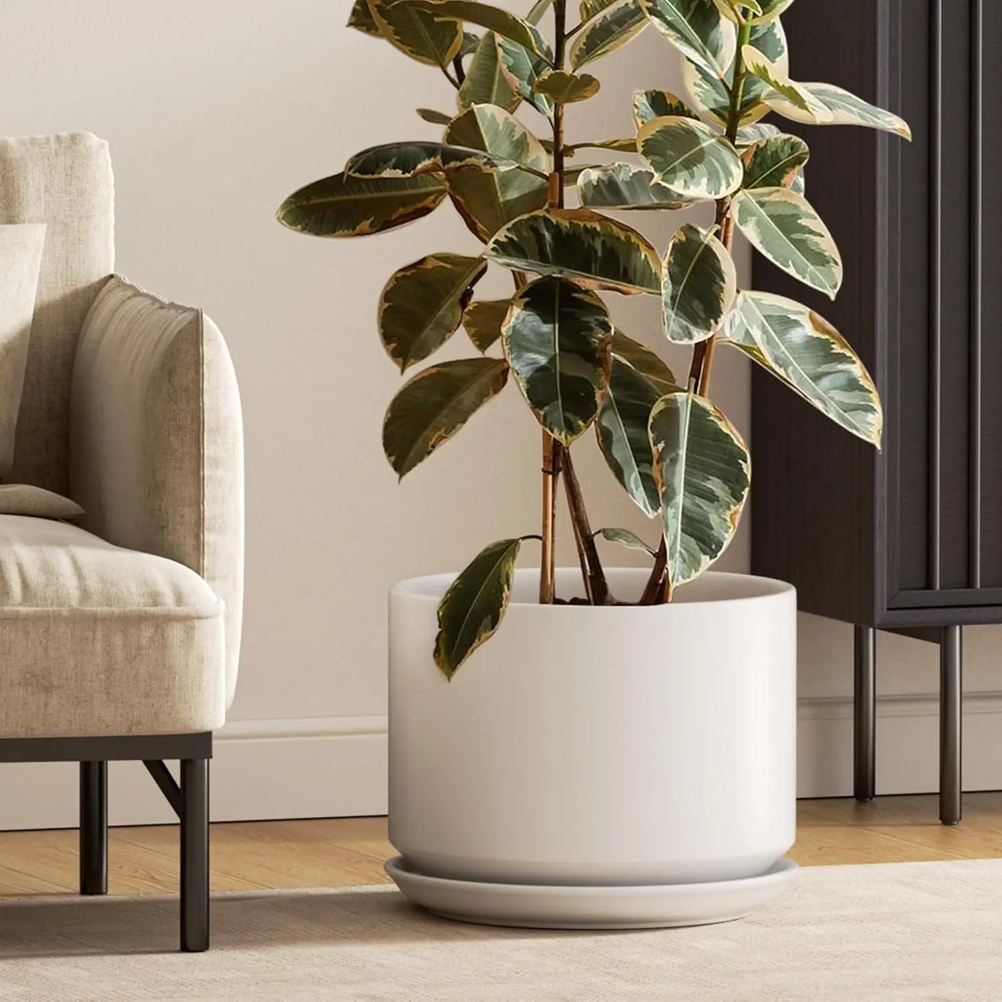 Ceramic Plant Pot With Drainage Holes And Saucer For Home